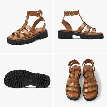 Sandale à plateforme gladiator en cuir véritable pour femme