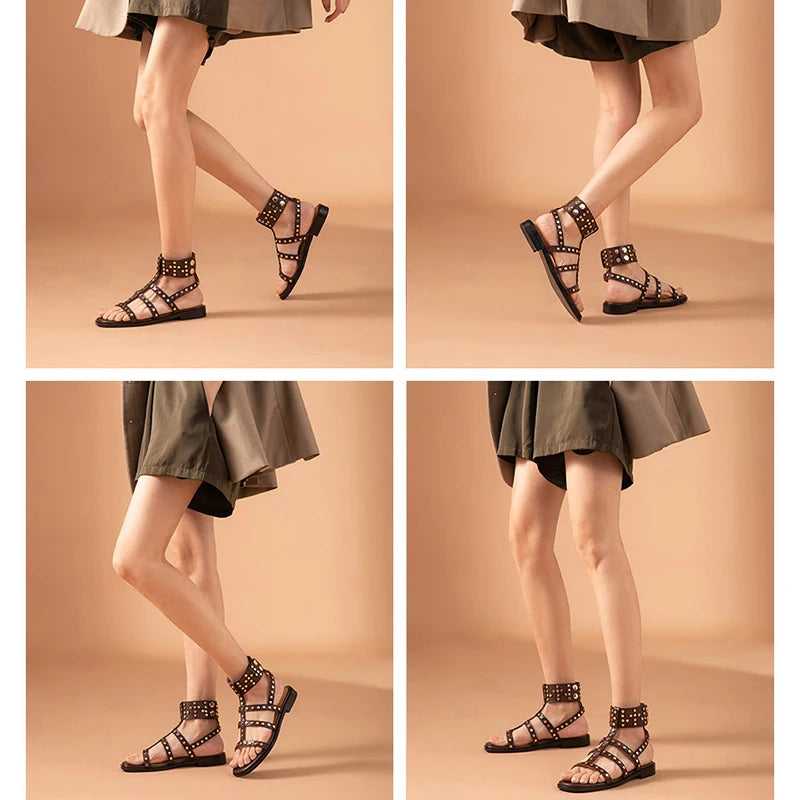 Sandale plate décontractée  en cuir véritable de style gladiateur pour femme