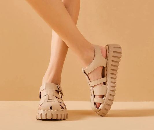 Sandale à plateforme en cuir véritable de type gladiateur et de haute qualité pour femme