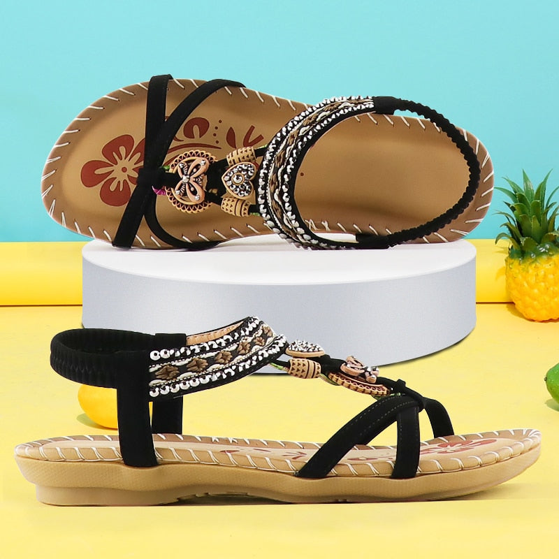 Sandale compensées à cordes avec motif africain pour femme - Noir - Nos Sandales