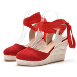 Sandale compensée et bout fermé avec lacet pour femme - Rouge - Nos Sandales