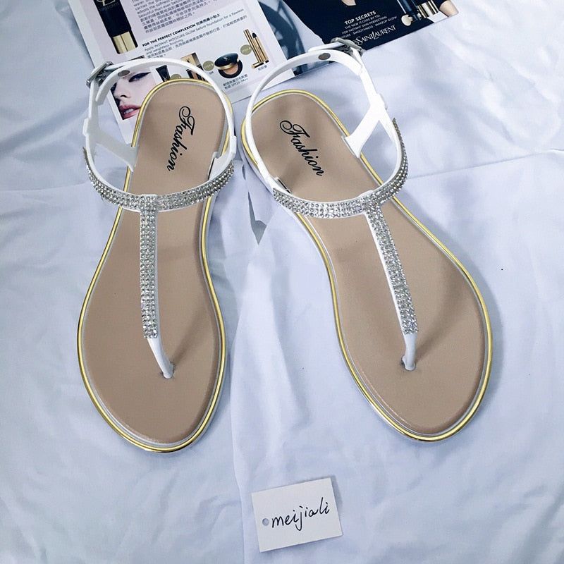 Sandale femme plate avec strass - Blanc - Nos Sandales