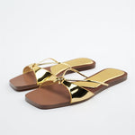 Sandale femme plate dorée à bout carré - Or - Nos Sandales
