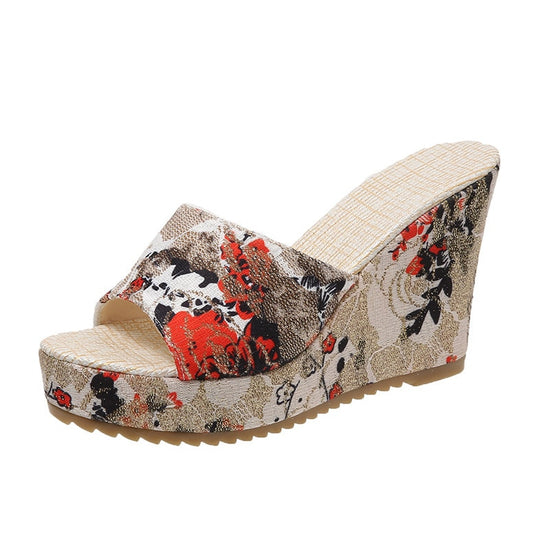 Sandales compensées à imprimé floral pour femmes - Kaki - Nos Sandales