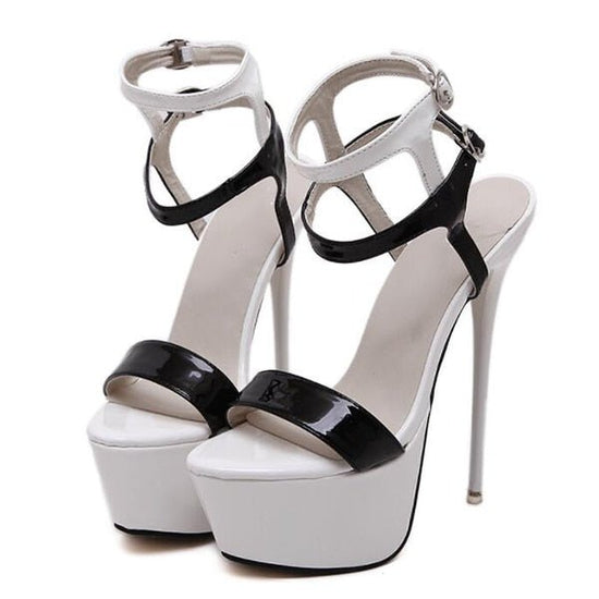 Sandales à talons aiguilles avec bout ouvert et semelle plateforme pour femme - Noir et blanc - Nos Sandales