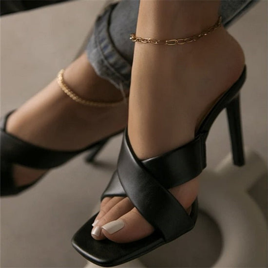 Sandales à talons aiguilles décontracté avec bout carré et lanière pour femmes - Noir - Nos Sandales