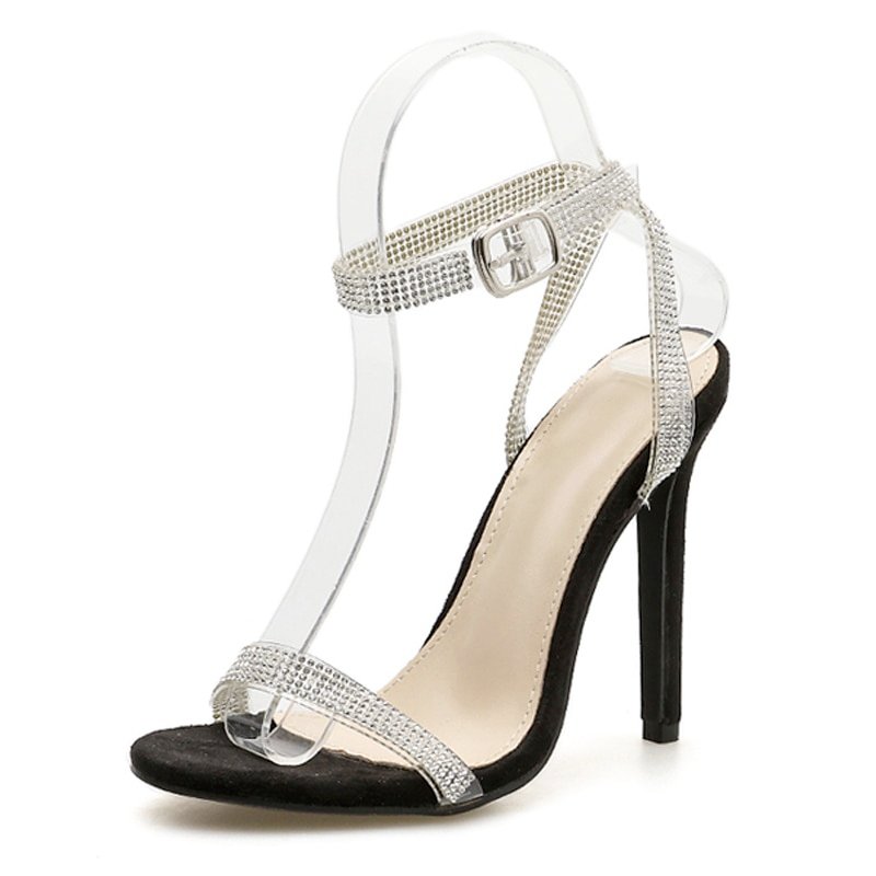 Sandales à talons aiguilles en cristal argentées pour femmes - Noir - Nos Sandales
