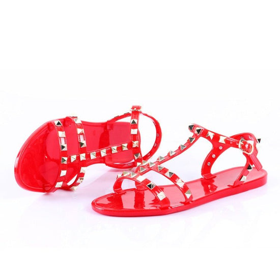 Sandales cloutées plates a bout ouvert et rivets pour femmes - Rouge - Nos Sandales