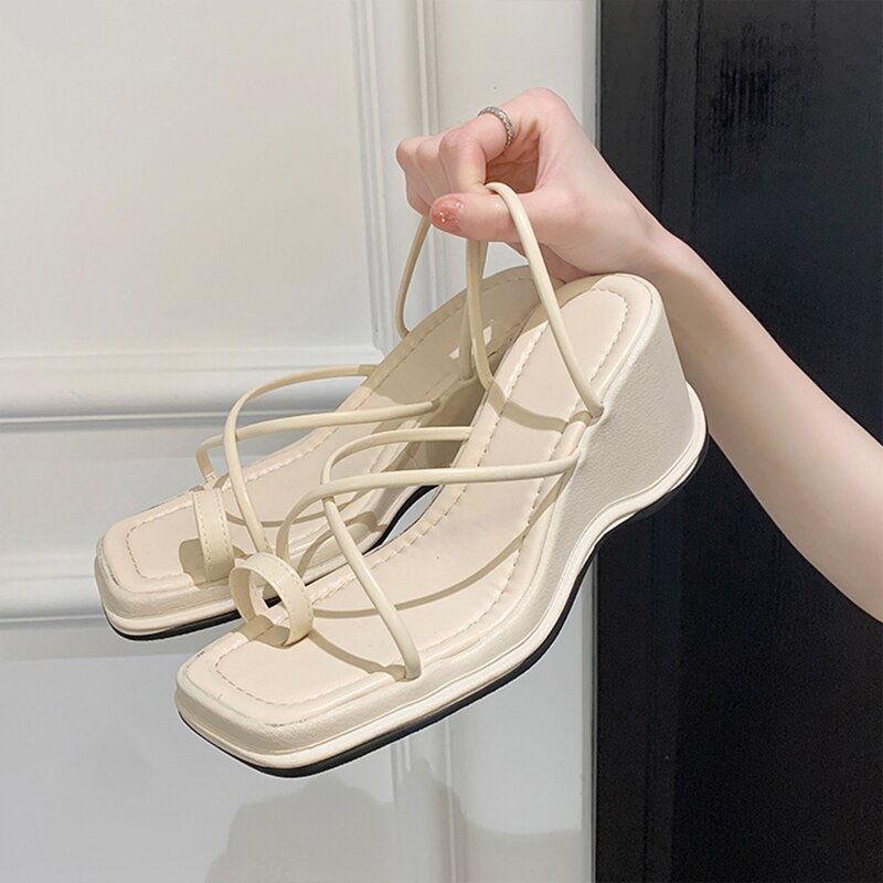 Sandales compensées couleur uni pour femmes - Blanc - Nos Sandales
