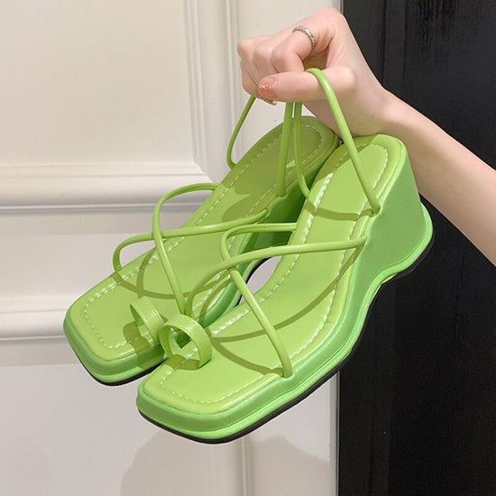Sandales compensées couleur uni pour femmes - Vert - Nos Sandales