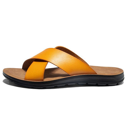Sandales confortable d'été en cuir à semelle épaisse pour homme - Jaune - Nos Sandales