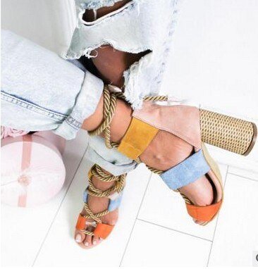 Sandales cordes pour femme avec talon carré - Rose - Nos Sandales