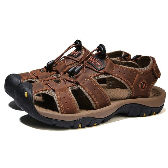 Sandales de randonnée en cuir véritable pour hommes - Marron - Nos Sandales
