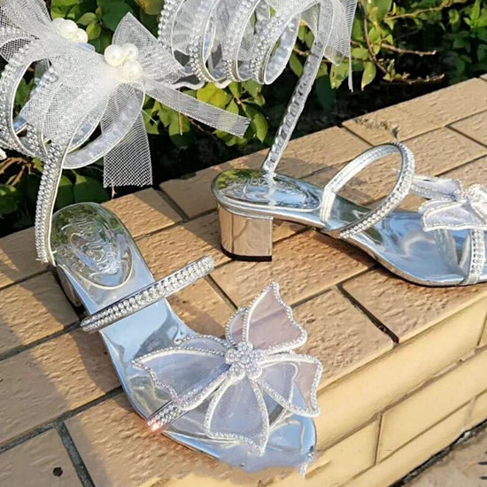 Sandales gladiateur montante avec motif en cristal pour femmes et fetes de mariage - Argent - Nos Sandales