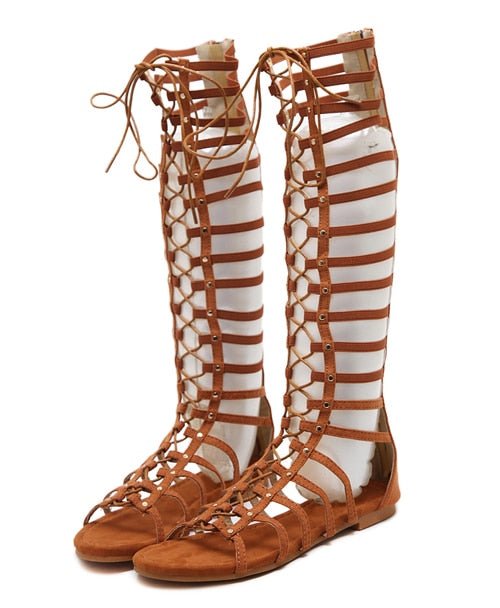 Sandales gladiateur montante en cuir souple pour femmes - Brown - Nos Sandales