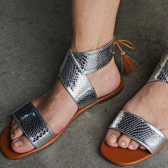 Sandales gladiateur plates avec ruban pour femmes - Gris - Nos Sandales