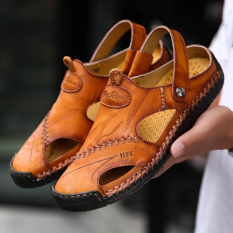 Sandales italiennes en cuire pour hommes - Marron clair - Nos Sandales