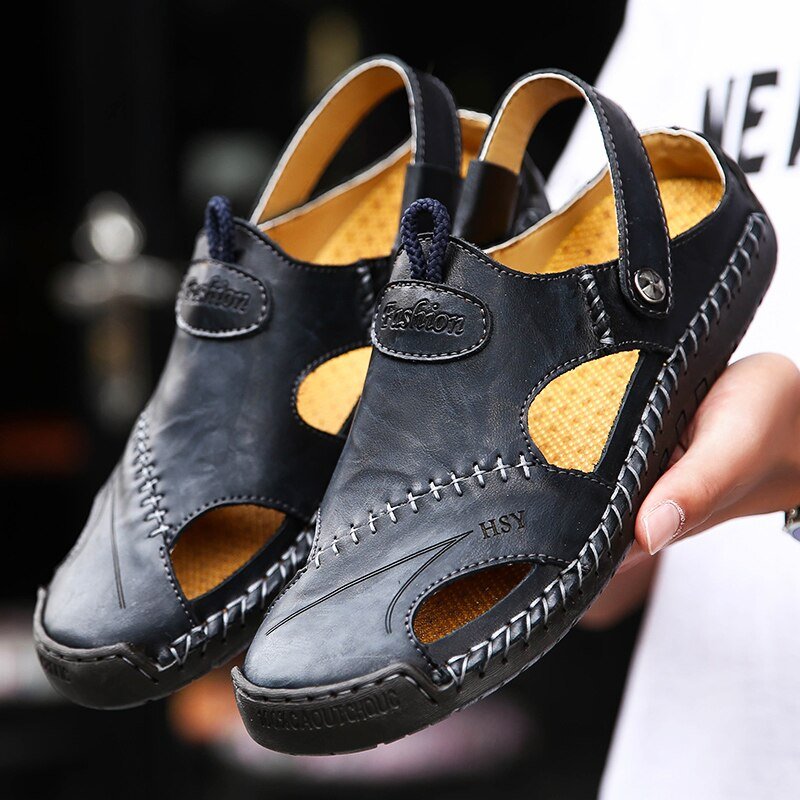 Sandales italiennes en cuire pour hommes - Noir - Nos Sandales