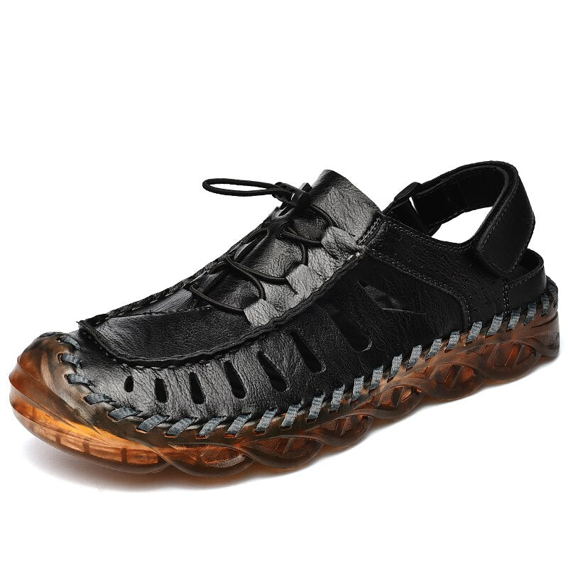 Sandales italiennes randonnée en cuire véritable pour hommes - Noir - Nos Sandales
