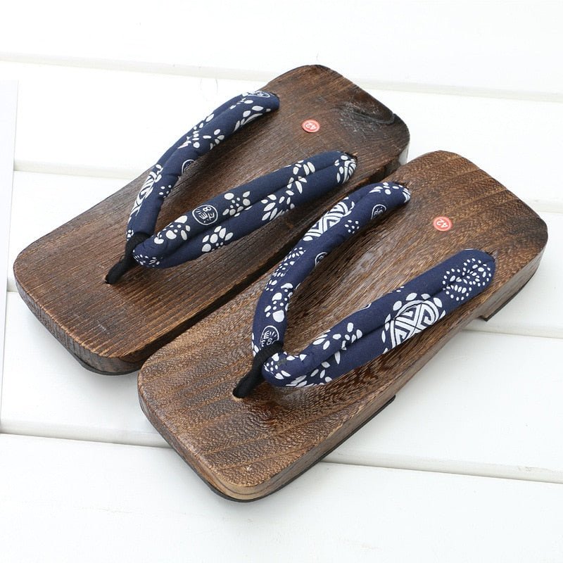 Sandales japonaises à semelle en bois et lanière avec motif - Bleu - Nos Sandales