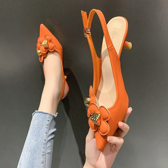 Sandales oranges à bout pointu et avec fleurs pour femme - Orange - Nos Sandales