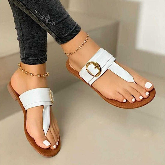 Sandales plates décontractées en cuir pour femmes - Blanc - Nos Sandales