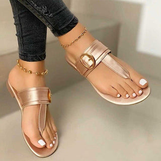 Sandales plates décontractées en cuir pour femmes - Beige - Nos Sandales