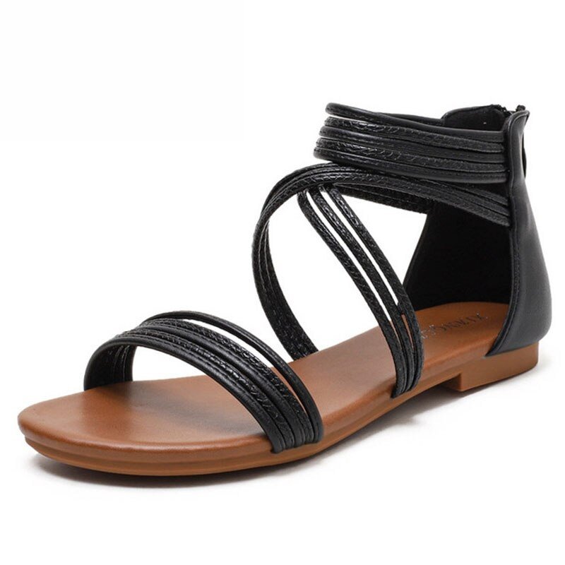 Sandales tropéziene d'été en cuir pour femmes - Noir - Nos Sandales